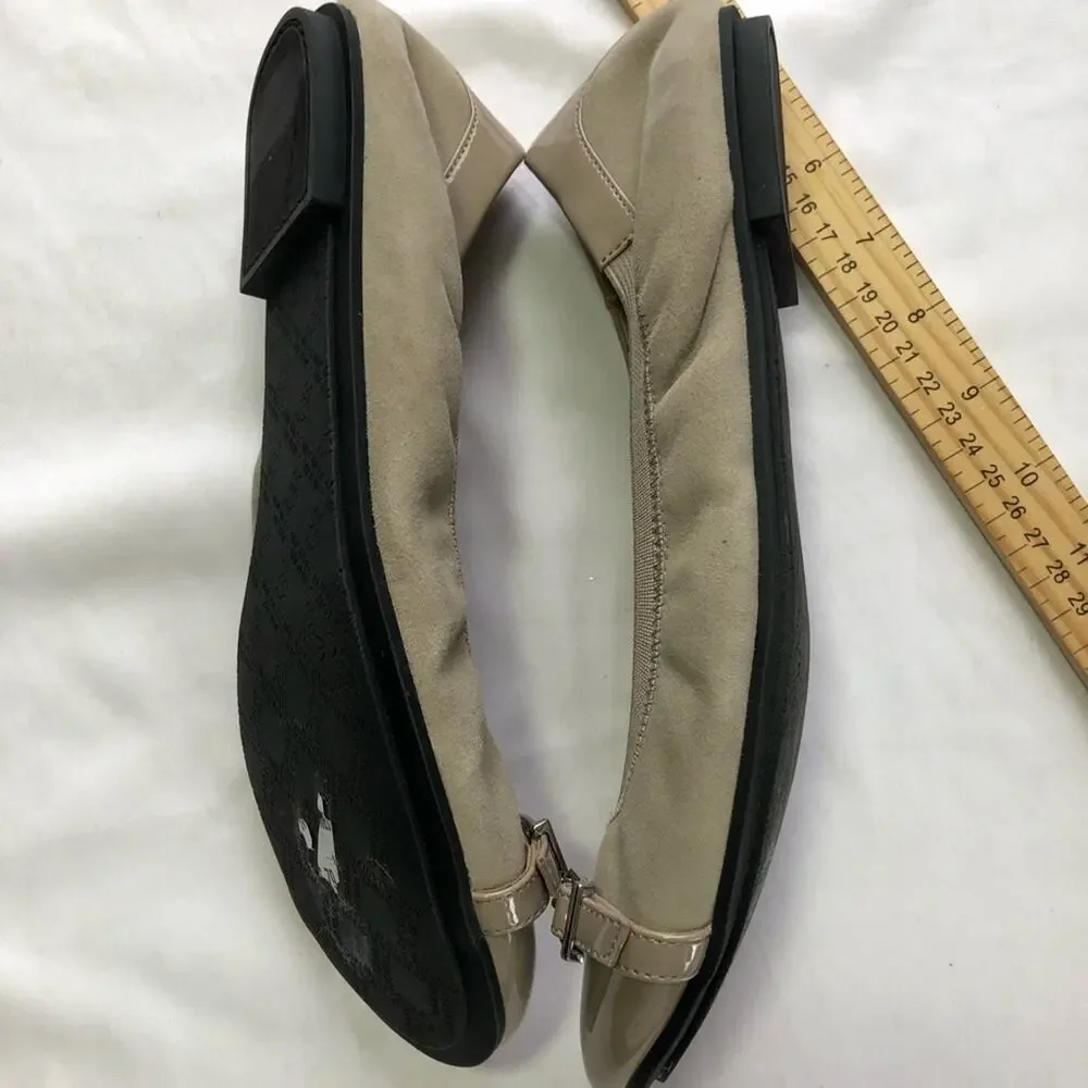 Vionic neva slip on ballet flats taupe tan suede patent leather buckle womens 9